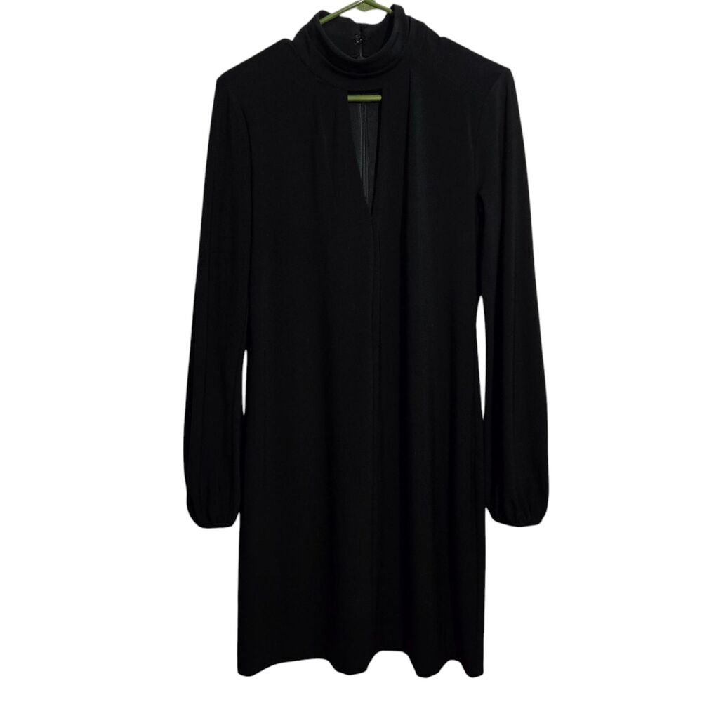WHBM Midi Dress Women 6 Black Keyhole Mock Neck Long Sleeve